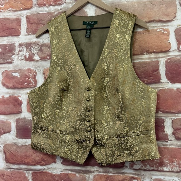 Ralph Lauren Suit Vest Women's 16 Gold Paisley Jacquard Formal Evening Blazer - Picture 3 of 9